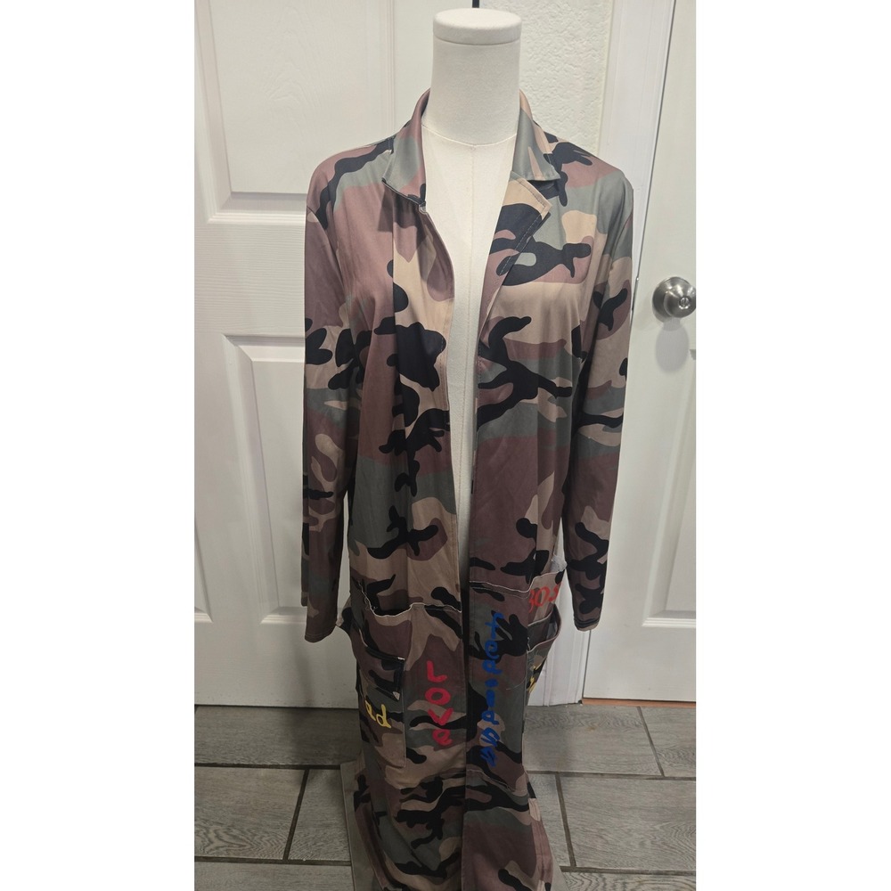 Camo Duster Cardigan I Need Bands Not Boys Graphic Longline Open Front Jacket